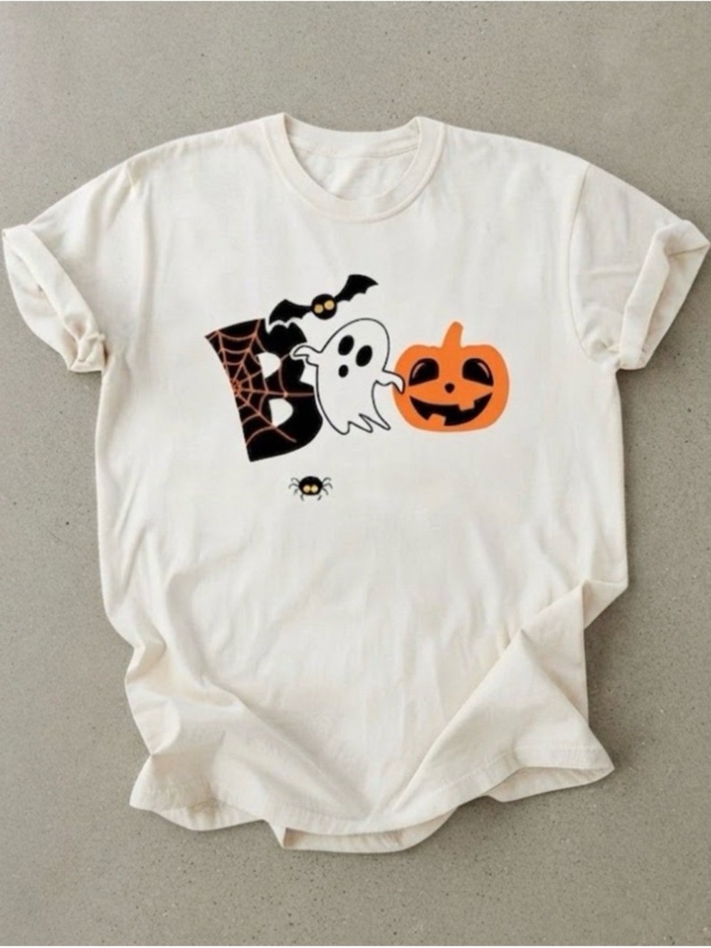 Gildan Cream Halloween Tee with Ghost, Pumpkin & Bat Graphic